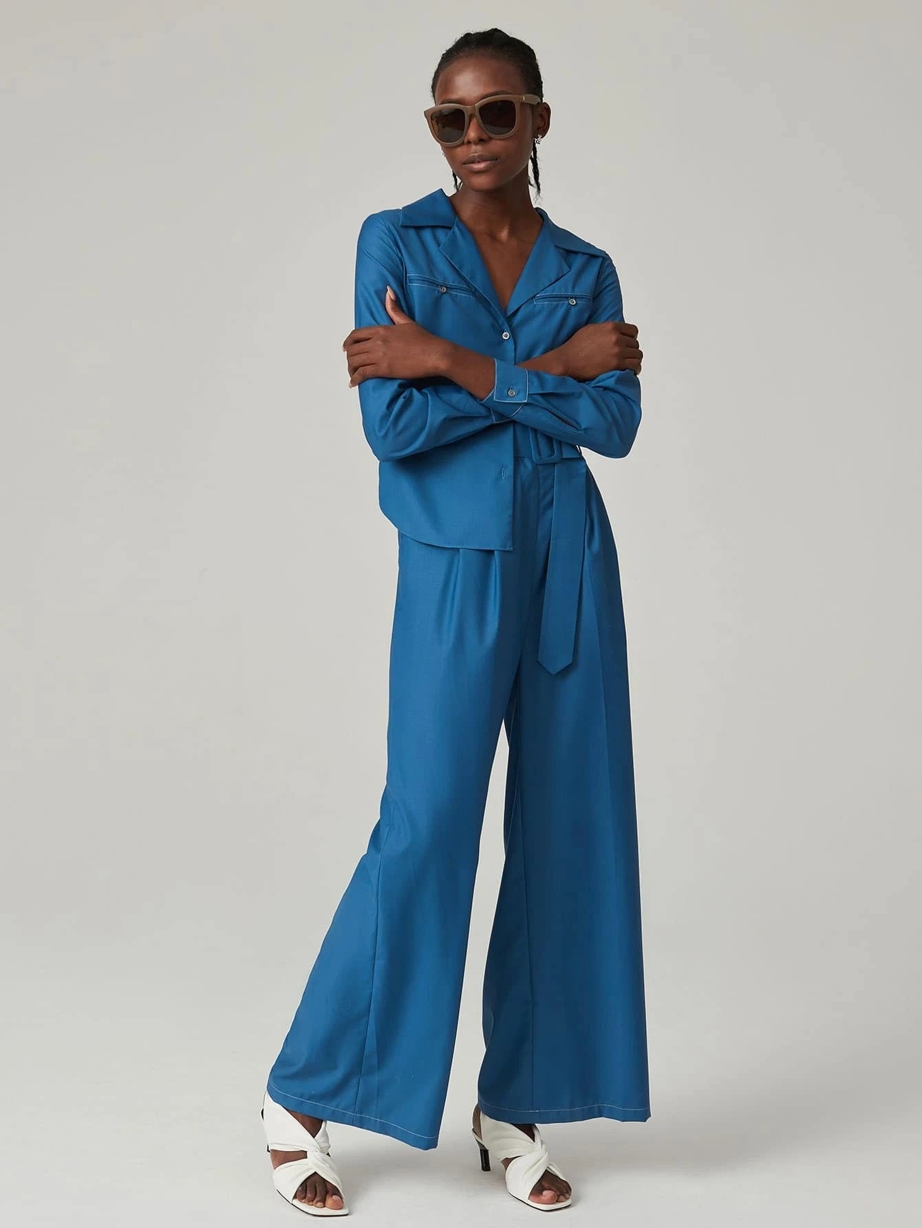 CM-JS701066 Women Elegant Seoul Style Long Sleeve Buckle Belted Wide Leg Jumpsuit - Blue