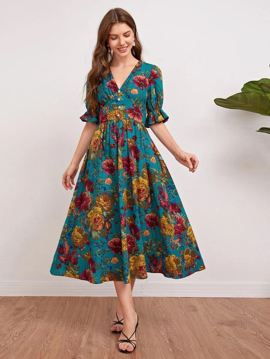 CM-DS716232 Women Elegant Seoul Style Ruffle Cuff Puff Sleeve Allover Floral Print Dress