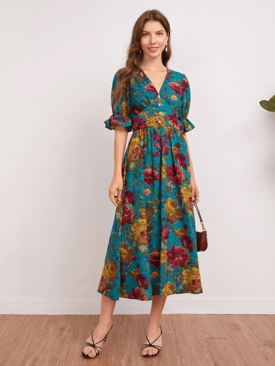 CM-DS716232 Women Elegant Seoul Style Ruffle Cuff Puff Sleeve Allover Floral Print Dress