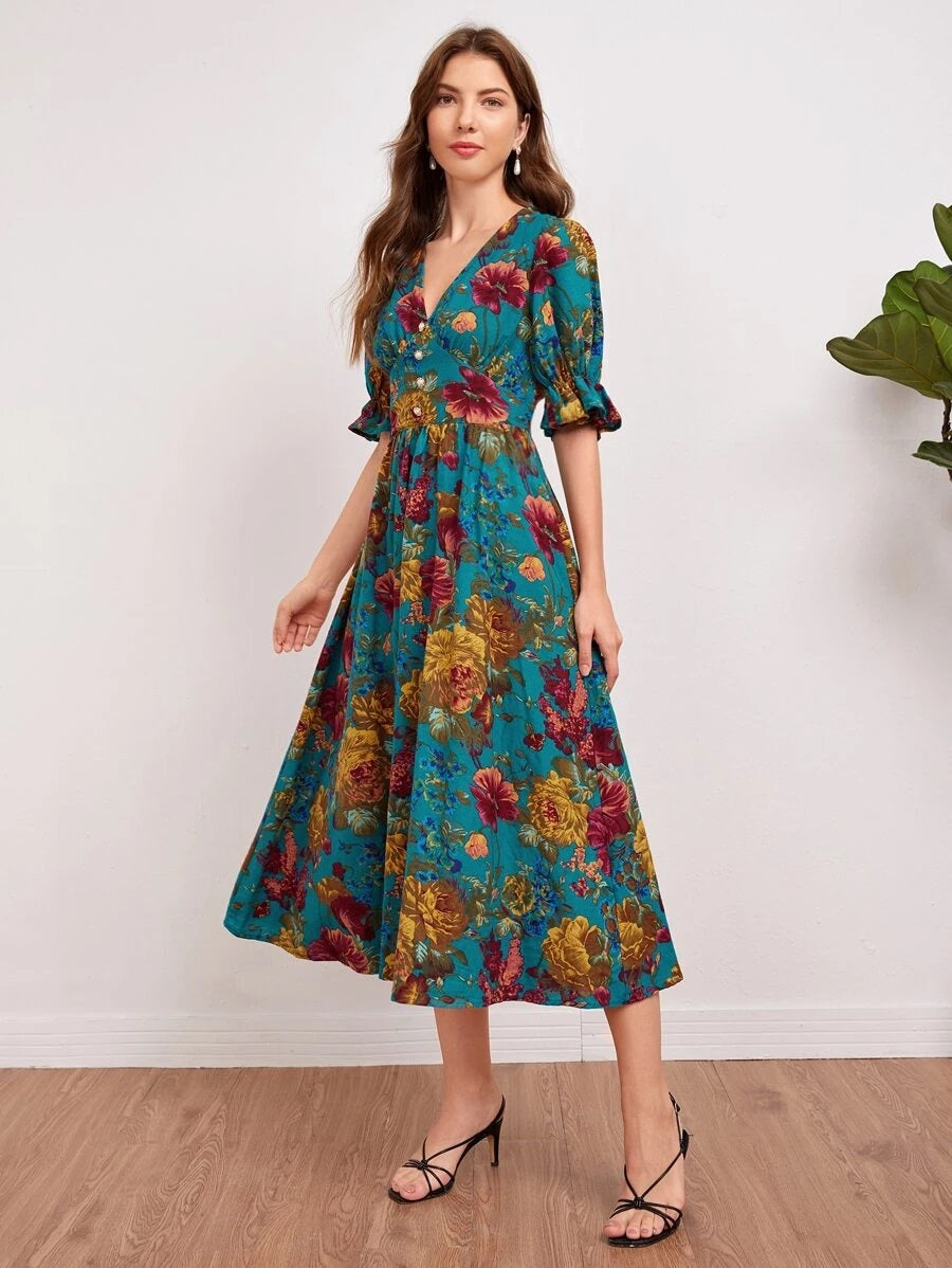 CM-DS716232 Women Elegant Seoul Style Ruffle Cuff Puff Sleeve Allover Floral Print Dress