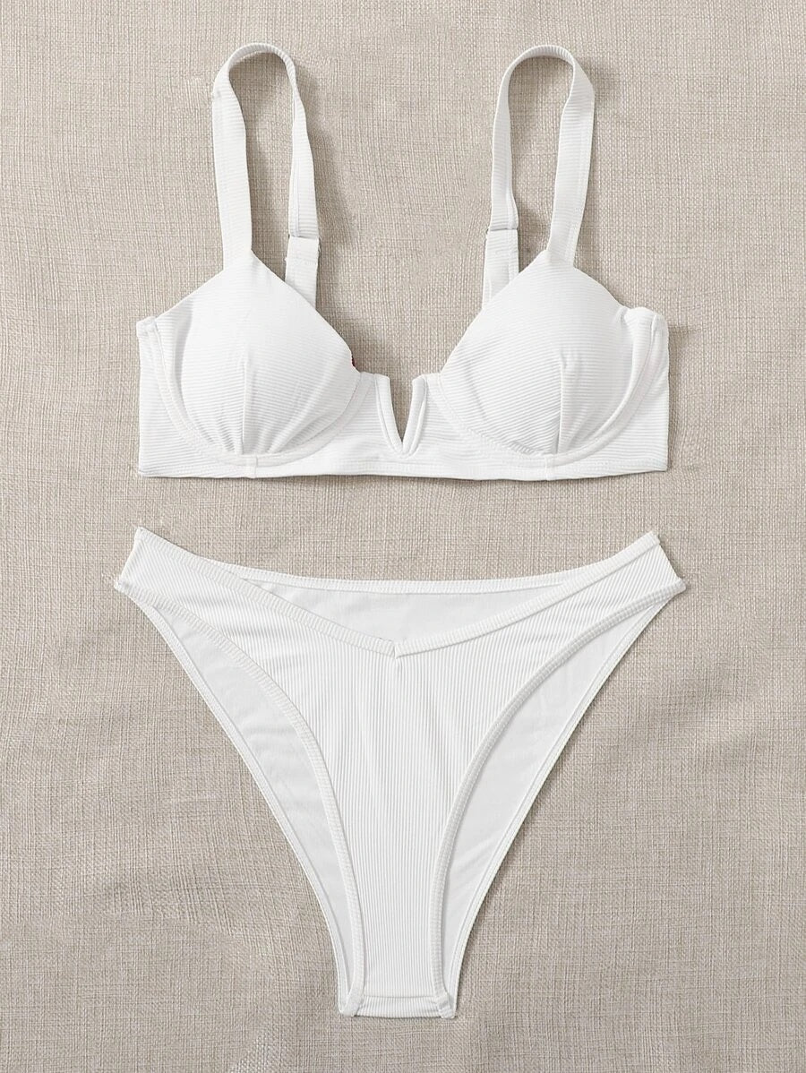 CM-SWS813952 Women Trendy Seoul Style Rib V-Wired Underwire Bikini Swimsuit - White