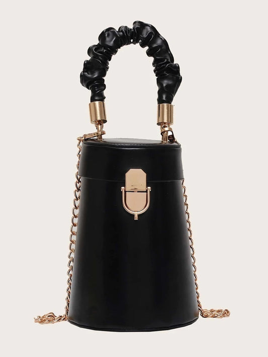 CM-BGS814059 Women Trendy Seoul Style Ruched Handle Bucket Bag - Black