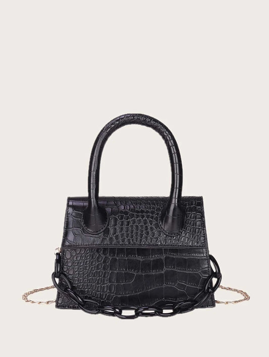 CM-BGS814613 Women Trendy Seoul Style Chain Croc Embossed Satchel Bag - Black