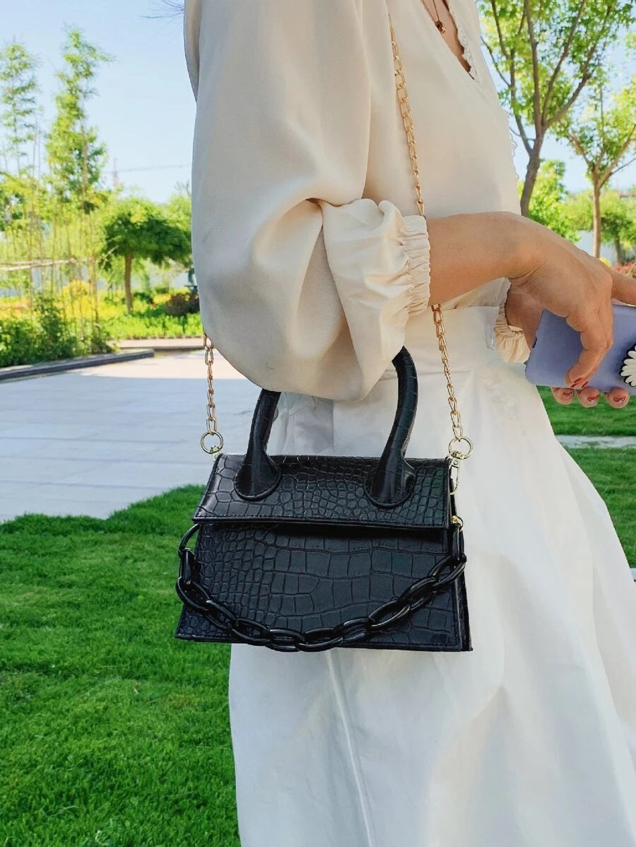 CM-BGS814613 Women Trendy Seoul Style Chain Croc Embossed Satchel Bag - Black