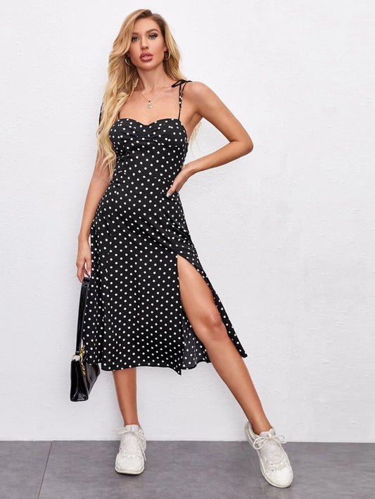 CM-DS806151 Women Casual Seoul Style Tie Shoulder High Split Hem Polka Dot Bustier Cami Dress