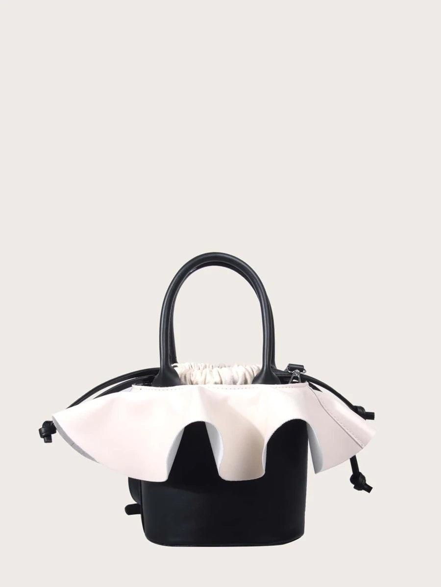 CM-BGS817274 Women Casual Seoul Style Two Tone Ruffle Bucket Bag - Black