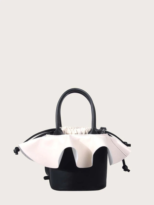 CM-BGS817274 Women Casual Seoul Style Two Tone Ruffle Bucket Bag - Black
