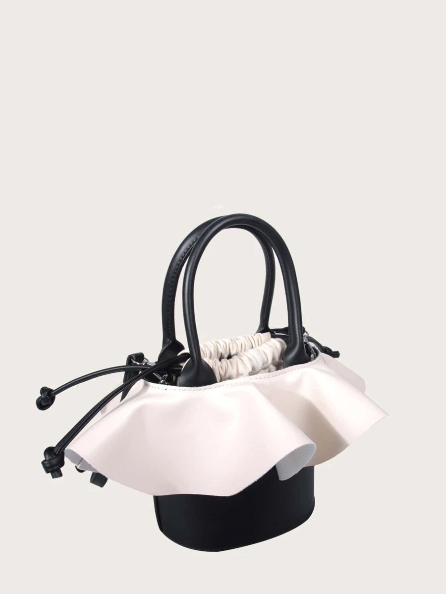 CM-BGS817274 Women Casual Seoul Style Two Tone Ruffle Bucket Bag - Black