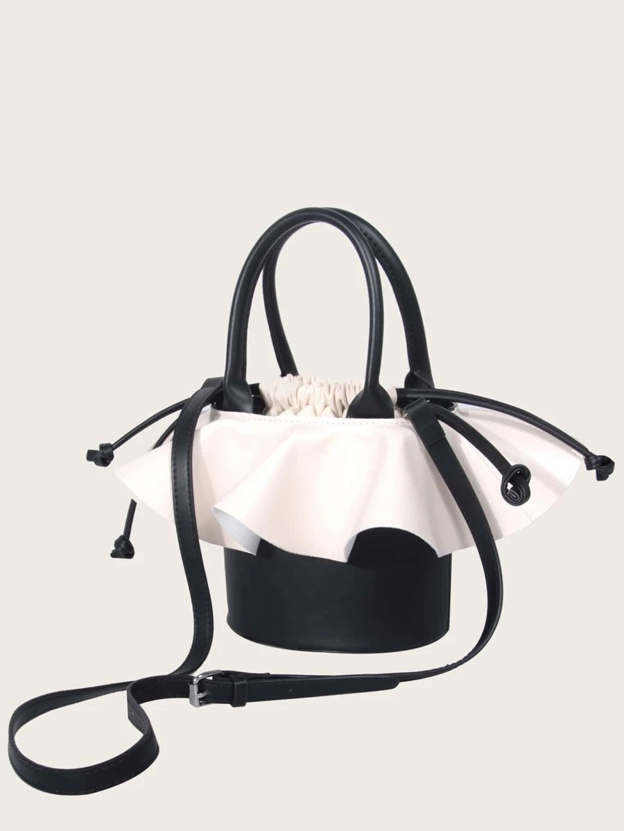 CM-BGS817274 Women Casual Seoul Style Two Tone Ruffle Bucket Bag - Black