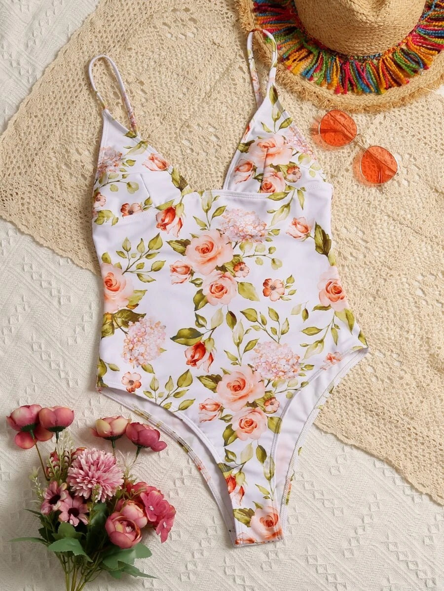 CM-SWS818848 Women Trendy Seoul Style Tropical Print One Piece Swimsuit