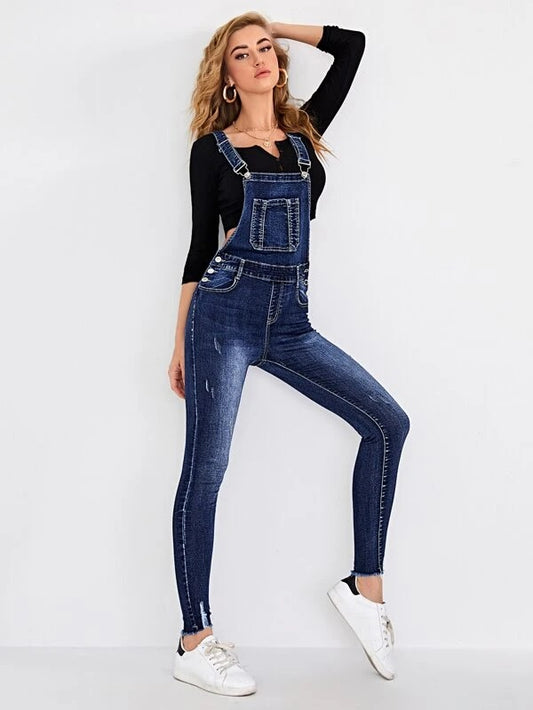 CM-JS721070 Women Preppy Kangaroo Pocket Ripped Raw Hem Skinny Denim Overalls