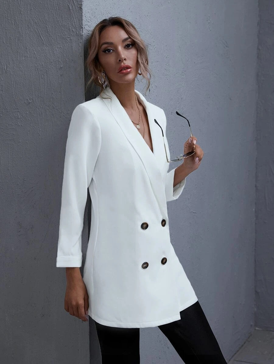 CM-CS804460 Women Casual Seoul Style Long Sleeve Shawl Neck Solid Blazer - White