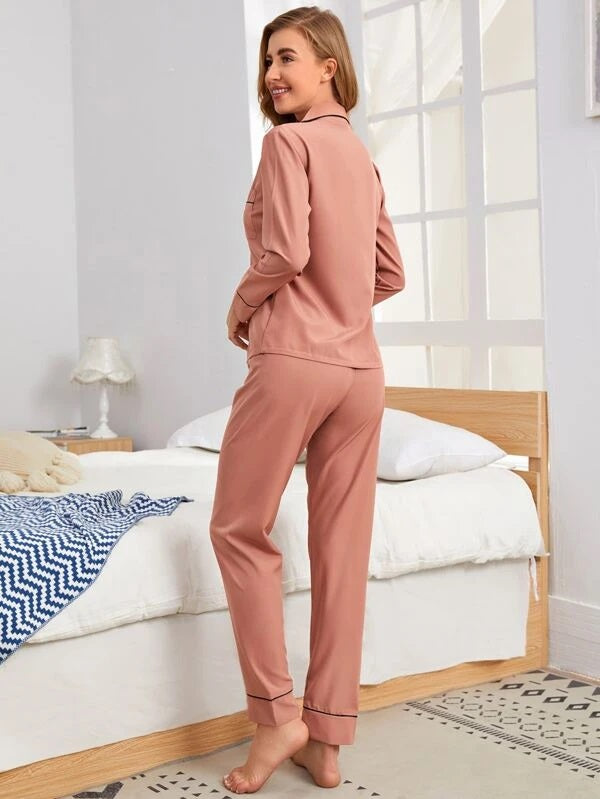 CM-PS818600 Women Casual Seoul Style Contrast Piping Pocket Patched Pajama Set
