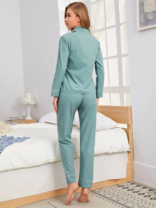 CM-PS818995 Women Casual Seoul Style Contrast Piping Pocket Patched Pajama Set