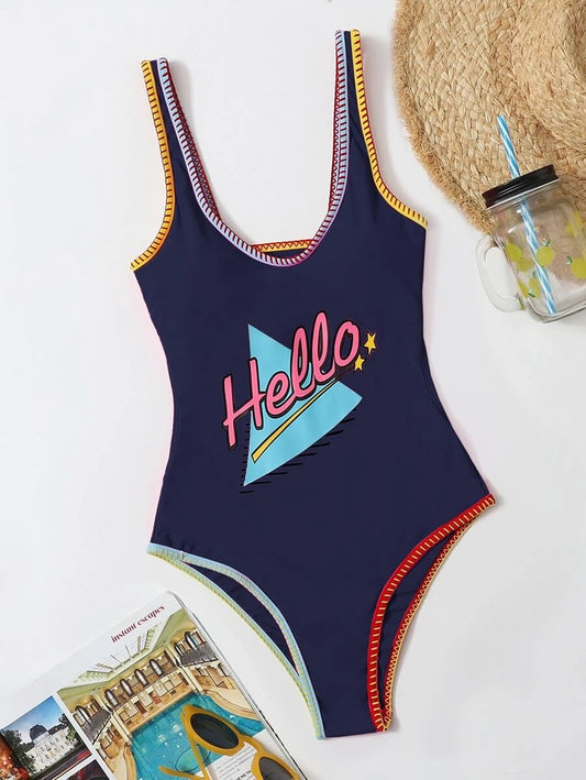 CM-SWS824871 Women Trendy Seoul Style Letter Graphic One Piece Swimsuit - Navy Blue
