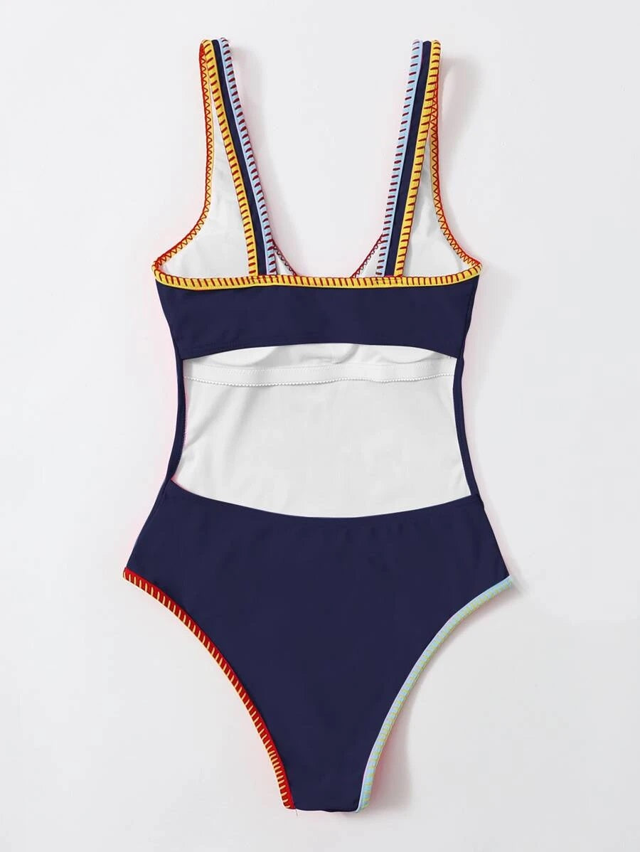 CM-SWS824871 Women Trendy Seoul Style Letter Graphic One Piece Swimsuit - Navy Blue