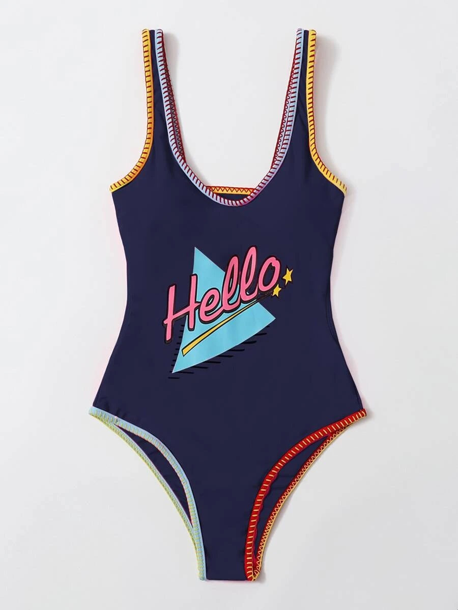 CM-SWS824871 Women Trendy Seoul Style Letter Graphic One Piece Swimsuit - Navy Blue
