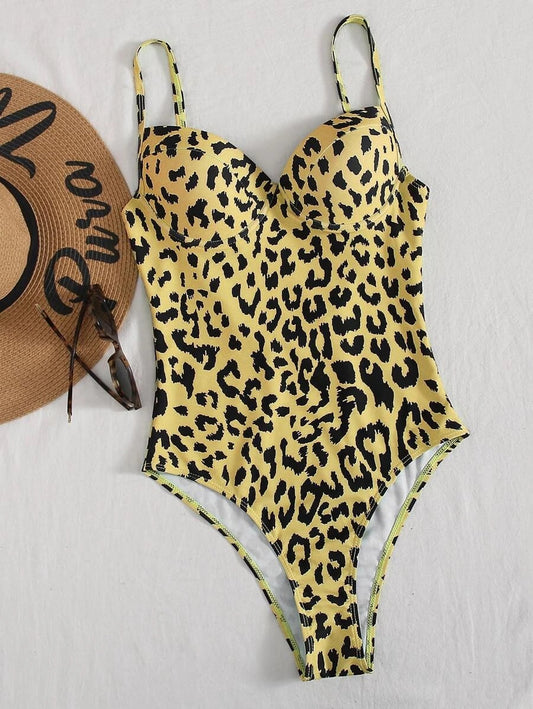 CM-SWS824280 Women Trendy Seoul Style Leopard Underwire One Piece Swimsuit - Yellow