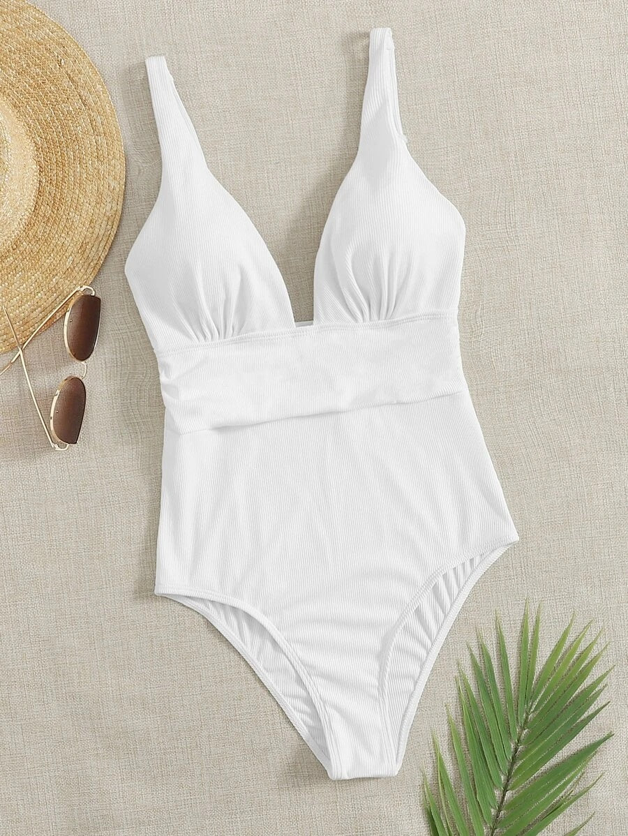 CM-SWS819280 Women Trendy Seoul Style Plain Ruched One Piece Swimsuit - White