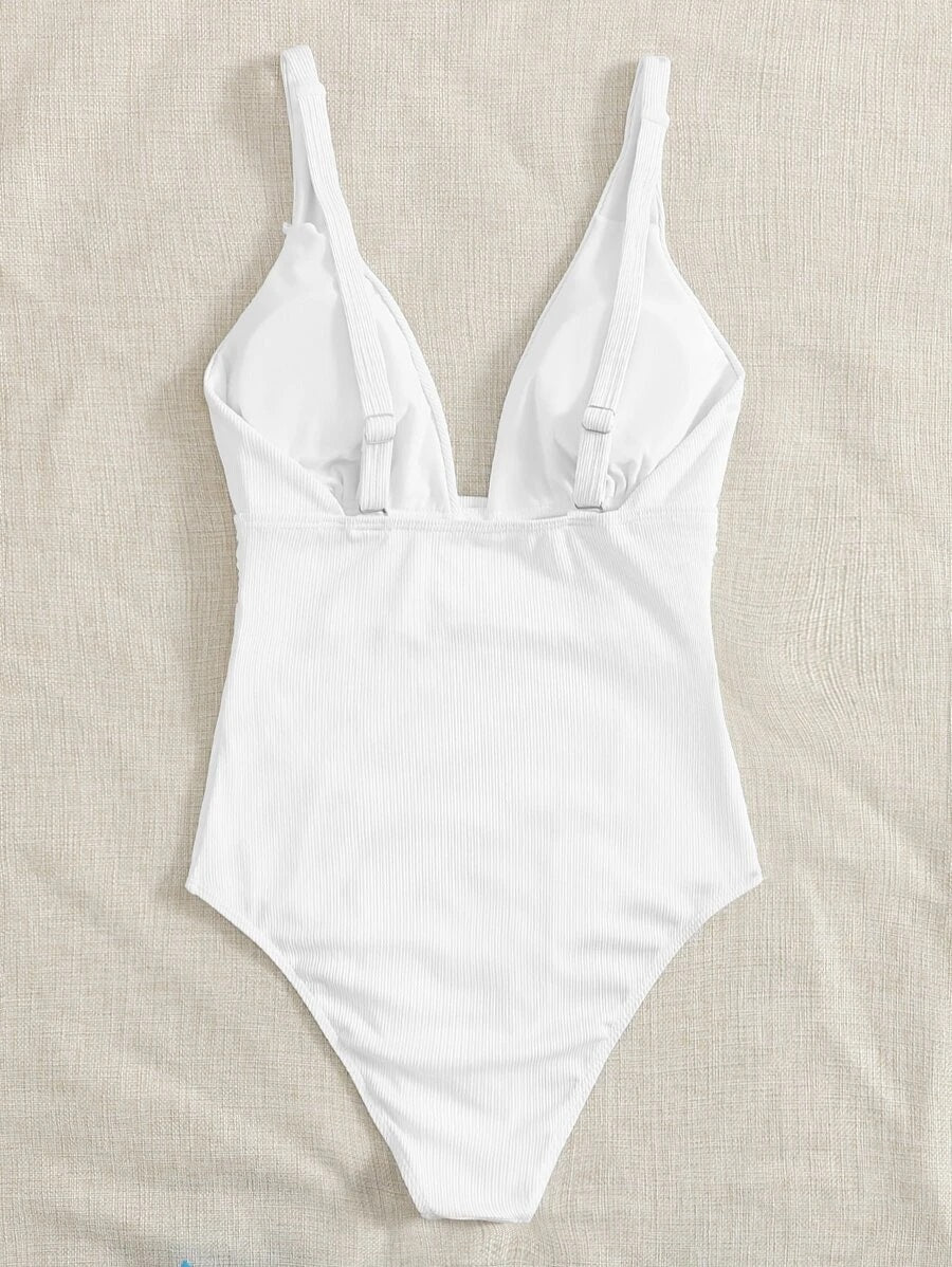 CM-SWS819280 Women Trendy Seoul Style Plain Ruched One Piece Swimsuit - White