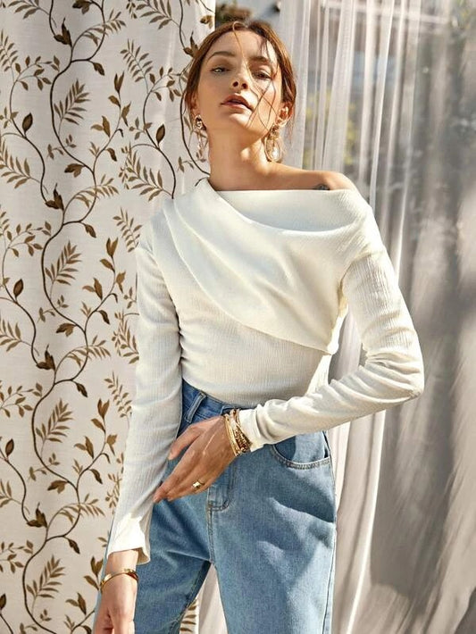CM-TS807718 Women Casual Seoul Style Long Sleeve Solid Asymmetrical Neck Tee - Beige
