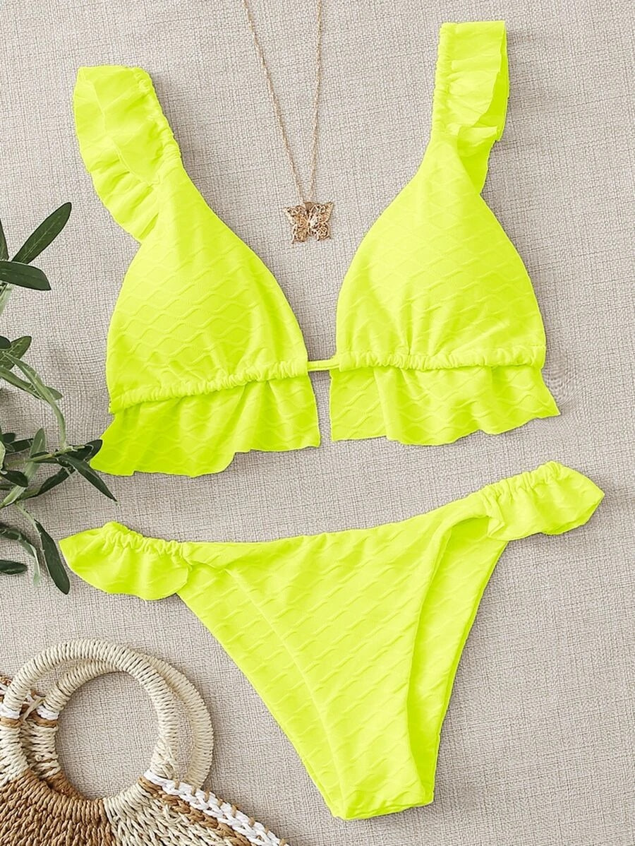 CM-SWS827069 Women Trendy Seoul Style Textured Ruffle Triangle Bikini Swimsuit - Lime Green