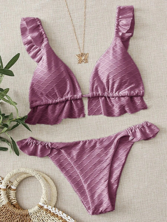 CM-SWS827192 Women Trendy Seoul Style Textured Ruffle Triangle Bikini Swimsuit - Purple
