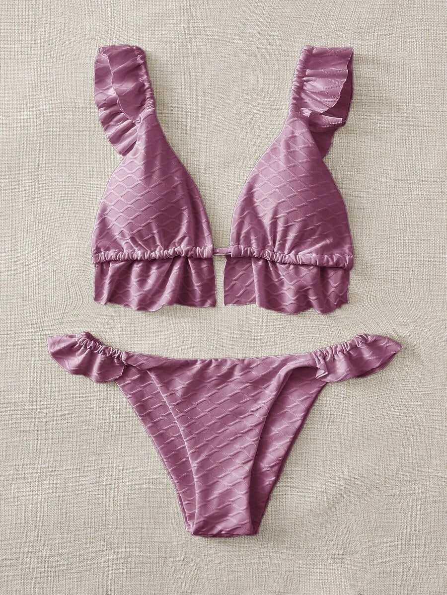CM-SWS827192 Women Trendy Seoul Style Textured Ruffle Triangle Bikini Swimsuit - Purple