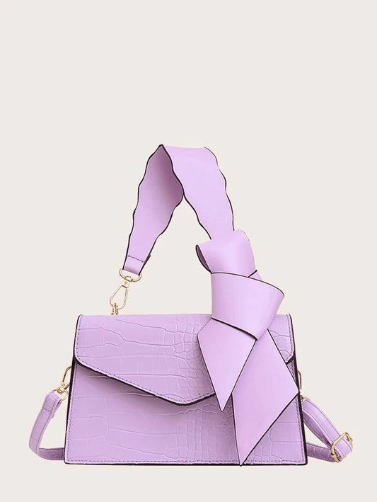 CM-BGS901179 Women Trendy Seoul Style Bow Decor Crocodile Satchel Bag - Purple