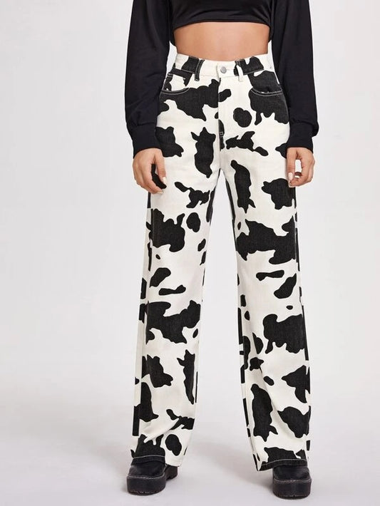 CM-BS724809 Women Casual Seoul Style High Waist Cow Print Wide Leg Jeans