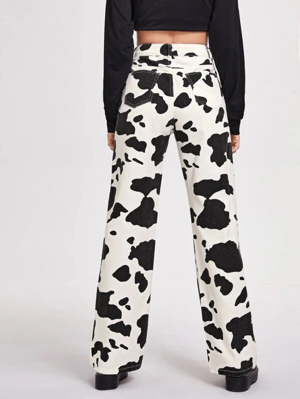 CM-BS724809 Women Casual Seoul Style High Waist Cow Print Wide Leg Jeans