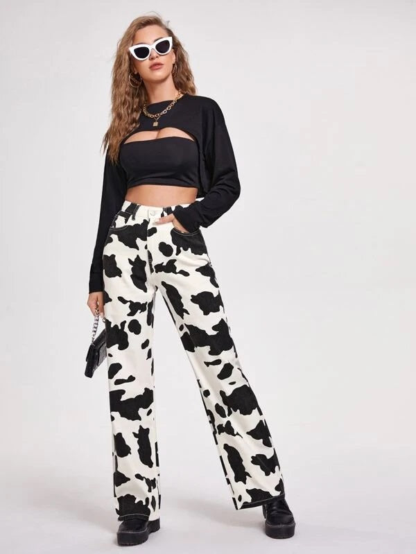 CM-BS724809 Women Casual Seoul Style High Waist Cow Print Wide Leg Jeans