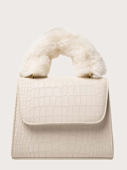 CM-BGS902936 Women Trendy Seoul Style Faux Fur Handle Croc Embossed Satchel Bag - Beige