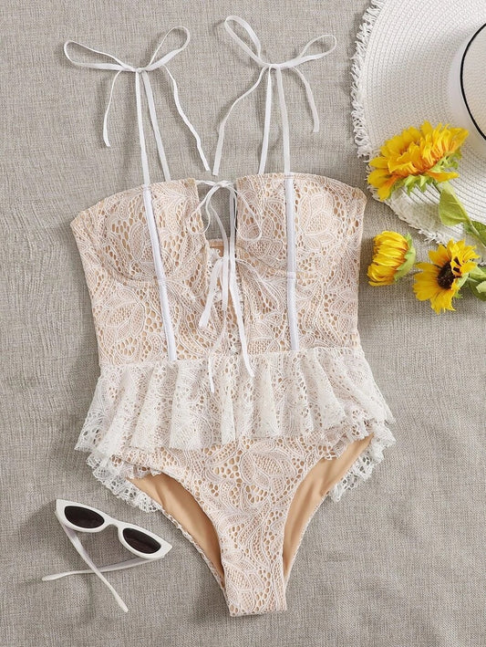 CM-SWS903838 Women Trendy Seoul Style Floral Lace Ruffle Hem Knot One Piece Swimsuit - White