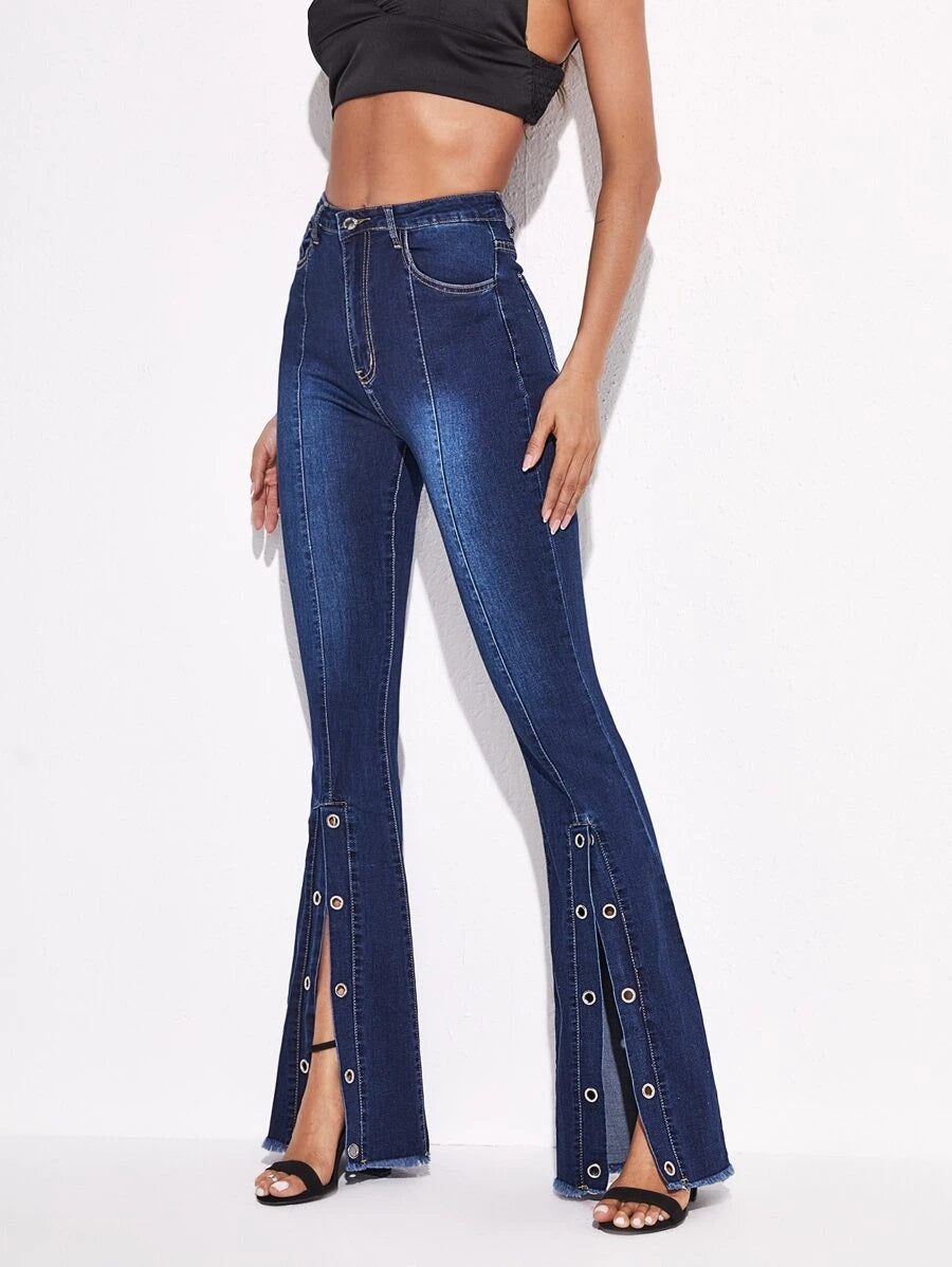 CM-BS731840 Women Casual Seoul Style Eyelets Raw Slit Hem Flare Leg Jeans