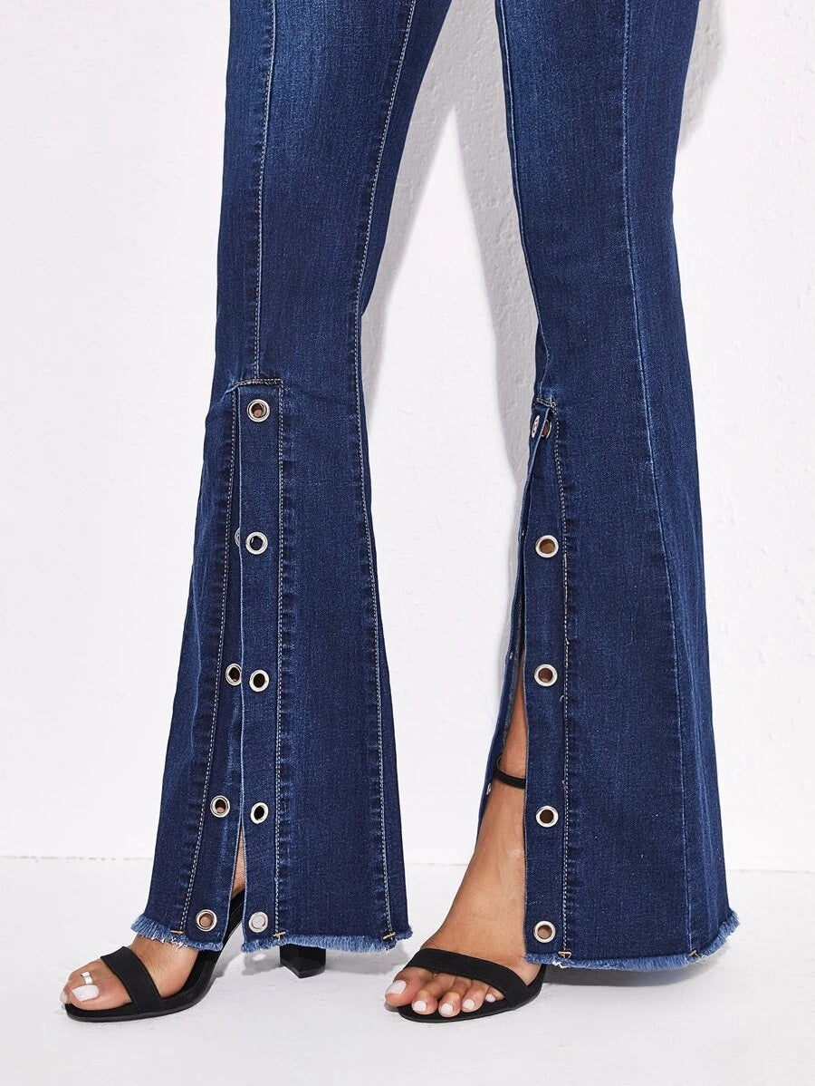 CM-BS731840 Women Casual Seoul Style Eyelets Raw Slit Hem Flare Leg Jeans