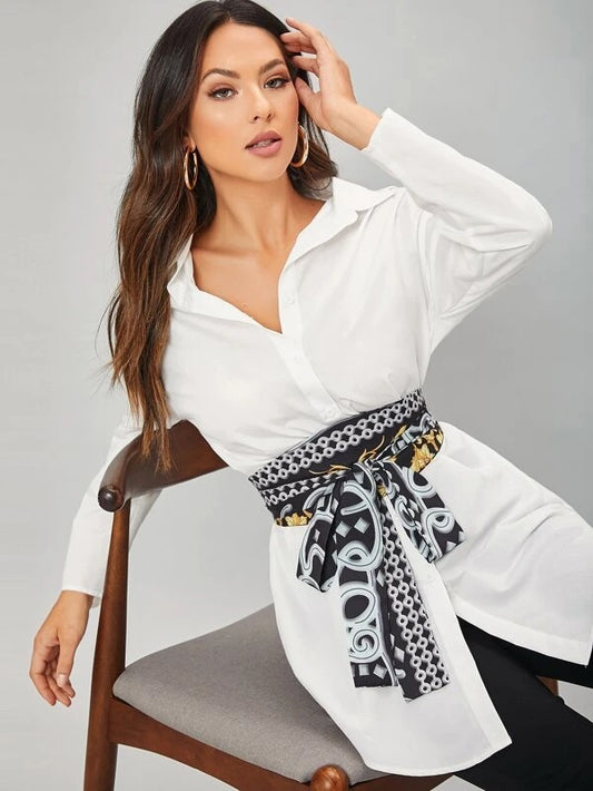 CM-TS813270 Women Elegant Seoul Style Solid Blouse With Scarf Print Belt - White