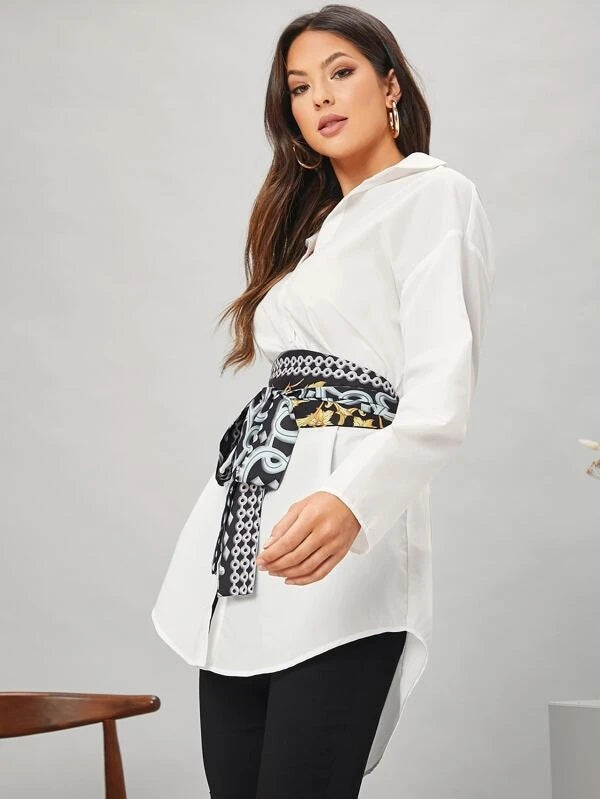 CM-TS813270 Women Elegant Seoul Style Solid Blouse With Scarf Print Belt - White