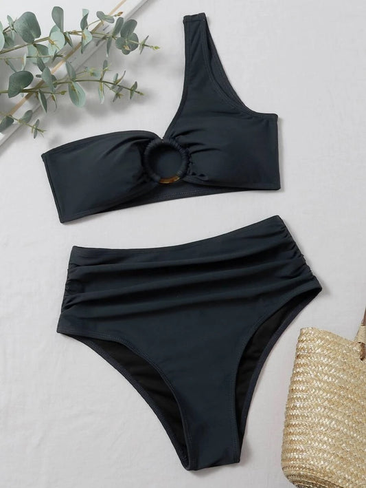 CM-SWS907855 Women Trendy Seoul Style Ring Linked One Shoulder Ruched Bikini Swimsuit - Black