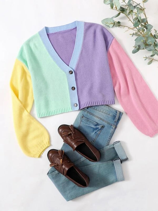 CM-CS815289 Women Casual Seoul Style V-Neck Button Up Colorblock Cardigan