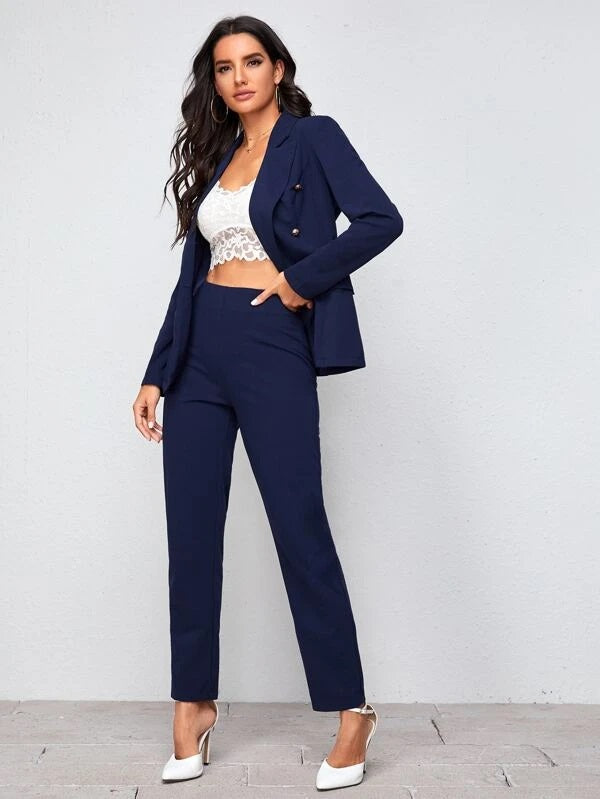 CM-SS225311 Women Elegant Seoul Style Notch Collar Blazer With Tailored Pants - Set