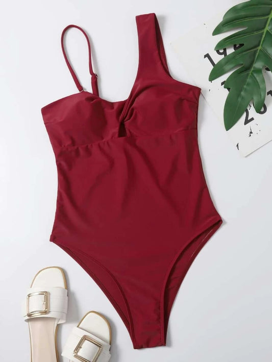 CM-SWS908491 Women Trendy Seoul Style Twist Front One Piece Swimsuit - Wine Red