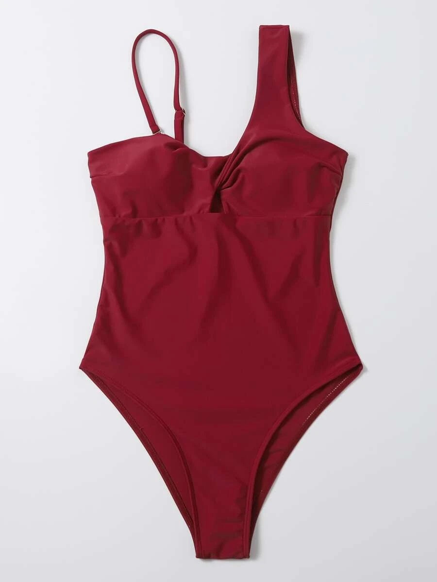 CM-SWS908491 Women Trendy Seoul Style Twist Front One Piece Swimsuit - Wine Red