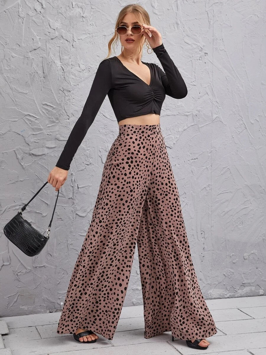 CM-BS903072 Women Casual Seoul Style High Waist Dalmatian Wide Leg Pants - Dusty Pink