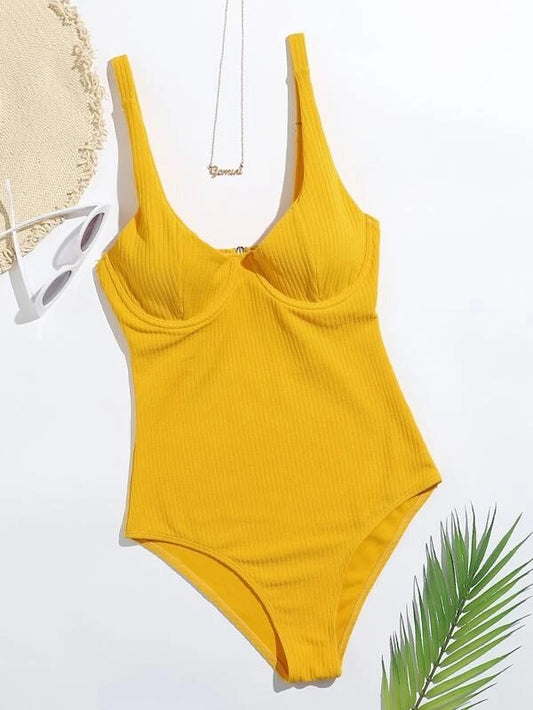 CM-SWS911981 Women Trendy Seoul Style Rib Underwire One Piece Swimsuit - Yellow