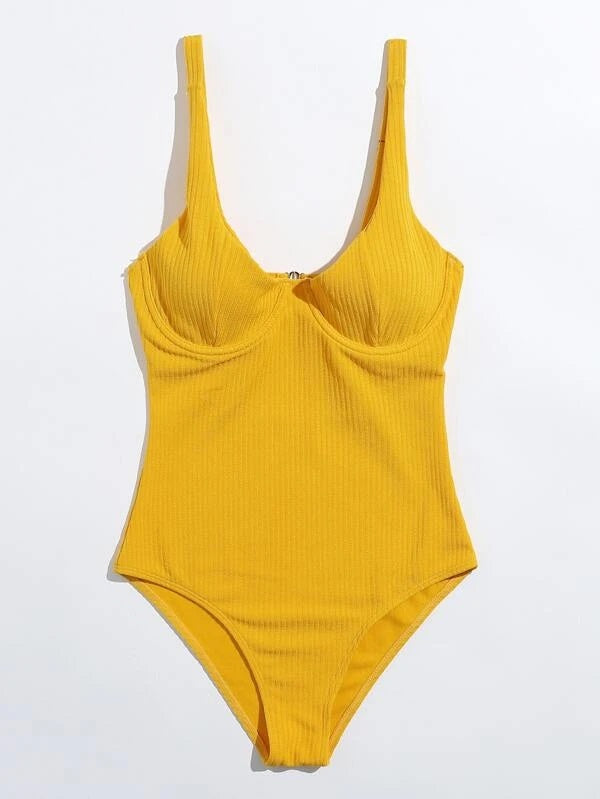 CM-SWS911981 Women Trendy Seoul Style Rib Underwire One Piece Swimsuit - Yellow