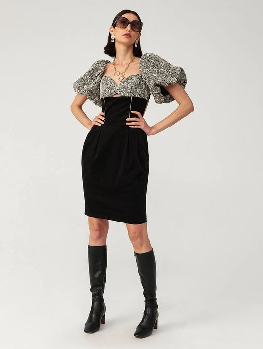 CM-ES728709 Women Elegant European Style Jacquard Puff Sleeve Peekaboo Dress - Black