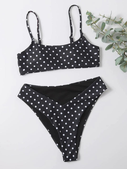 CM-SWS907803 Women Trendy Seoul Style Polka Dot Bikini Swimsuit - Black