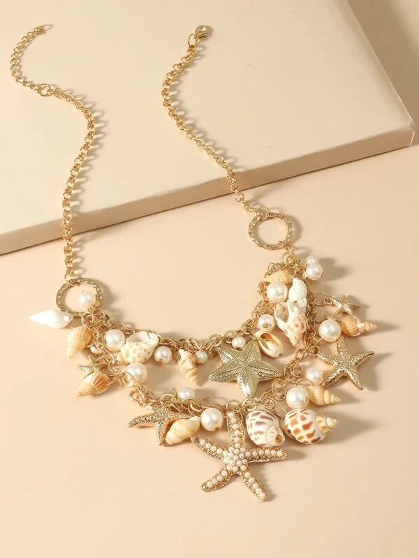 CM-AXS914577 Women Trendy Seoul Style Conch And Faux Pearl Pendant Layered Necklace