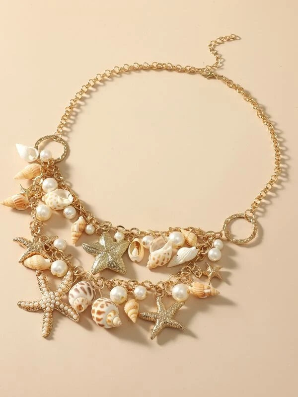 CM-AXS914577 Women Trendy Seoul Style Conch And Faux Pearl Pendant Layered Necklace